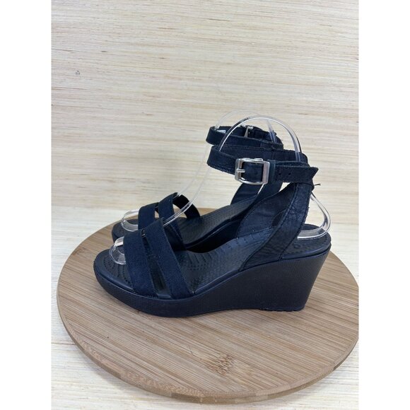 Crocs Leigh II Black Ankle Strap Wedge Sandals Womens Size 7 - Picture 1 of 7